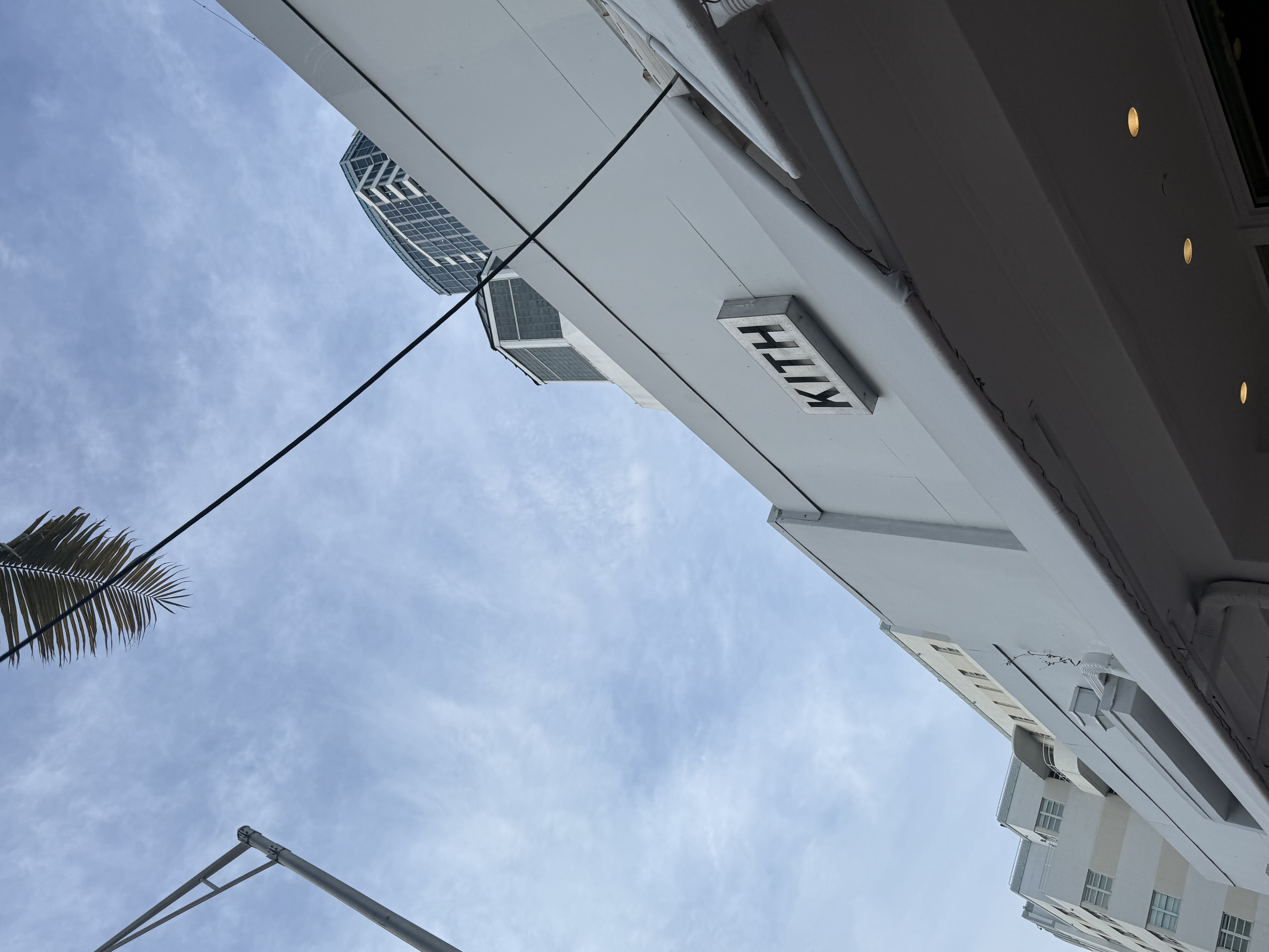 Upward view of the Kith Miami Beach exterior with the Kith sign, a palm frond, and the Miami skyline